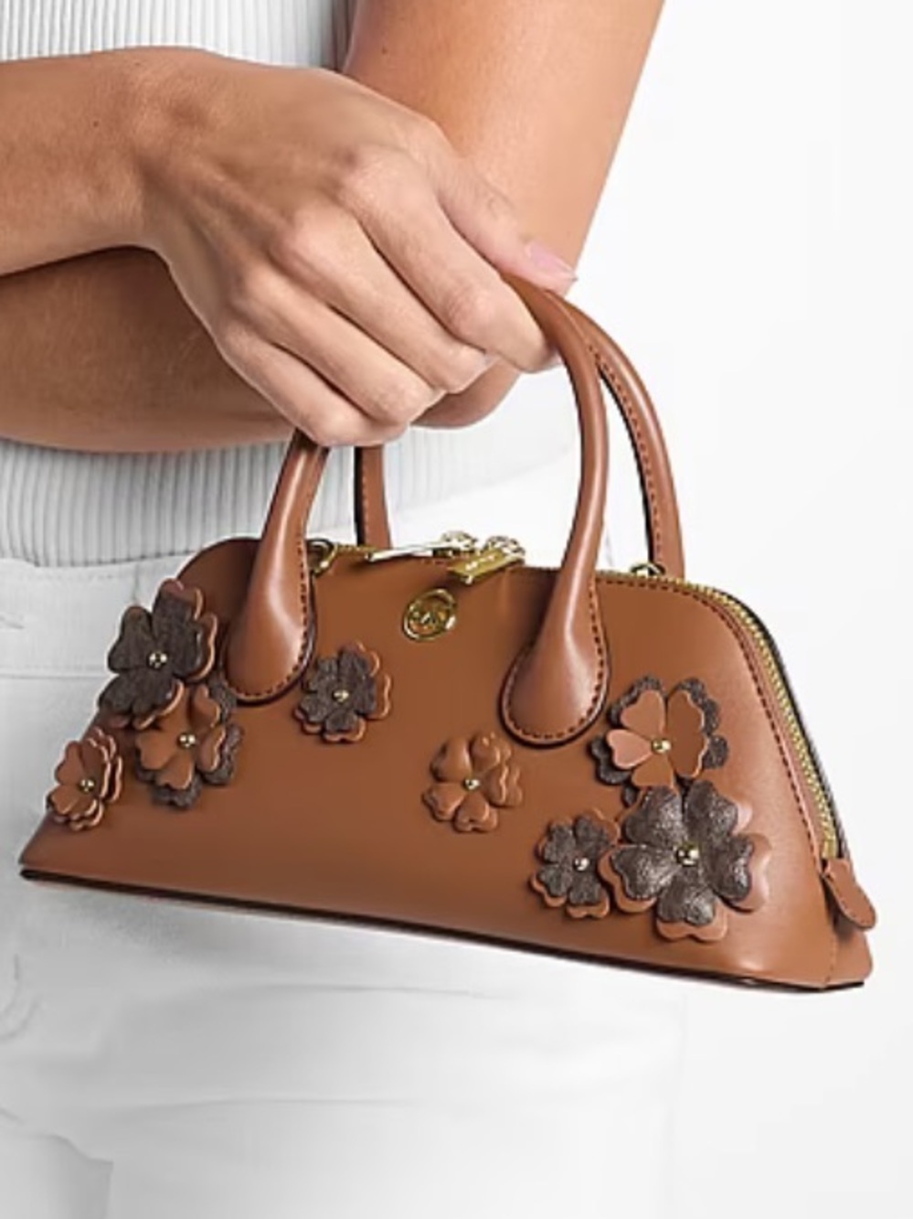Michael Kors Brown Floral Appliqué Satchel with Gold Hardware